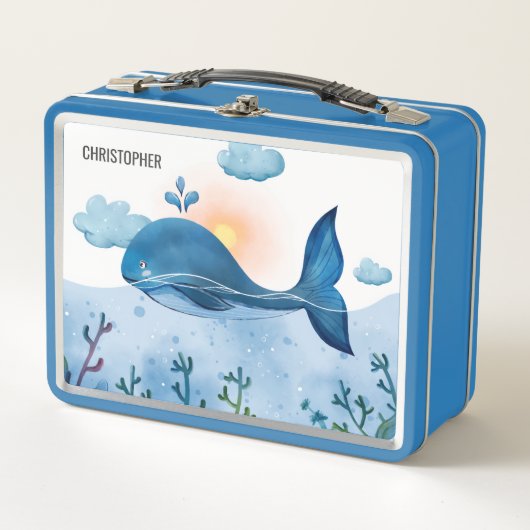 Cute Watercolor Blue Whale and Ocean Waves (Voorkant)