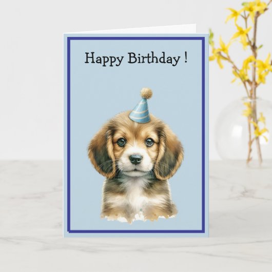 Cute Watercolor Brown Puppy Dog Happy Birthday  Kaart (Gele Bloem)