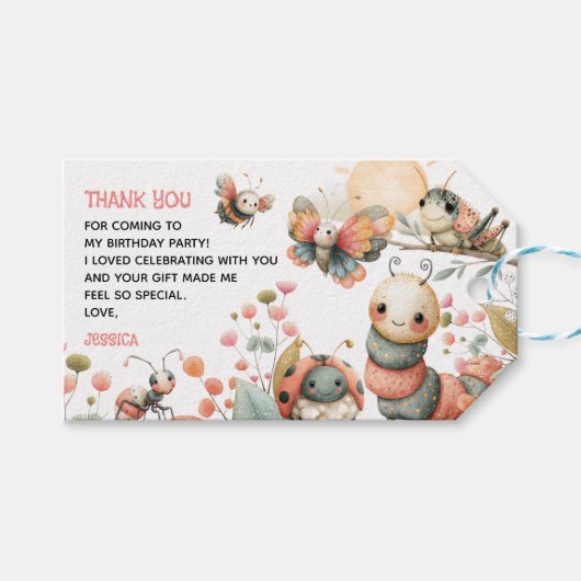 Cute Watercolor Bugs Kids' Birthday Thank You Cadeaulabel (Voorkant (Horizontaal))