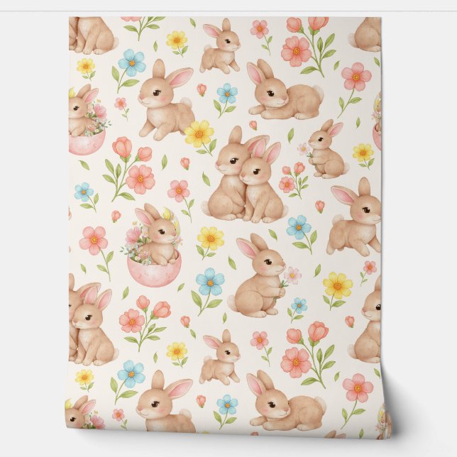 Cute Watercolor Bunny & Floral Spring Pattern Behang (Afrollen)