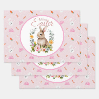 Cute Watercolor Bunny Floral Wreath Easter Inpakpapier Vel