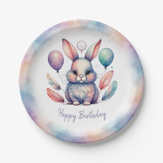 Cute Watercolor Bunny Rabbit Balloons Birthday Papieren Bordje (Voorkant)