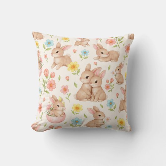 Cute Watercolor Bunny & Spring Flowers Pattern Kussen (Voorkant)