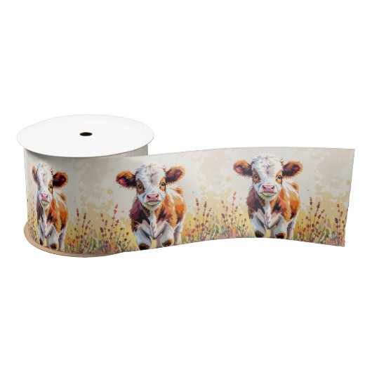 Cute Watercolor Calf In Field Flowers Satijnen Lint (Spoel)