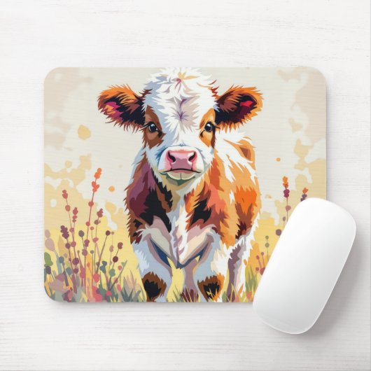 Cute Watercolor Calf In Field Weeds Muismat (Met muis)