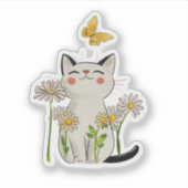 Cute Watercolor Cat with Daisies and Butterfly Sticker (Voorkant)