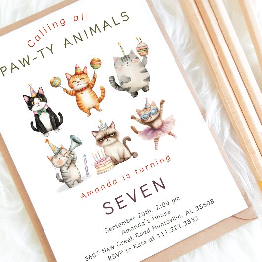 Cute Watercolor Cats Kitten Paw Ty Birthday Party  Kaart