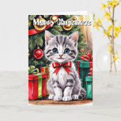 Cute Watercolor Christmas Cat Personalized Greetin Kaart (Gele Bloem)