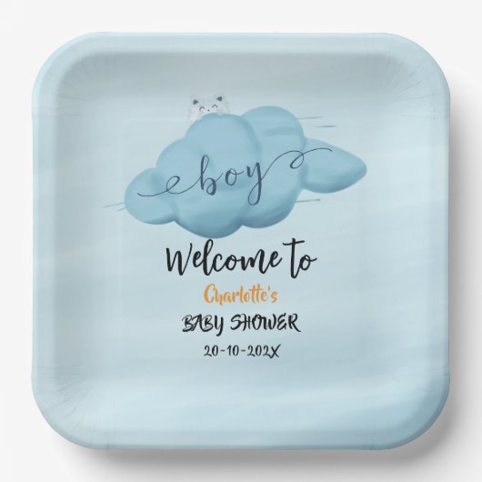 Cute Watercolor Cloud Baby Boy Shower Papieren Bordje (Voorkant)