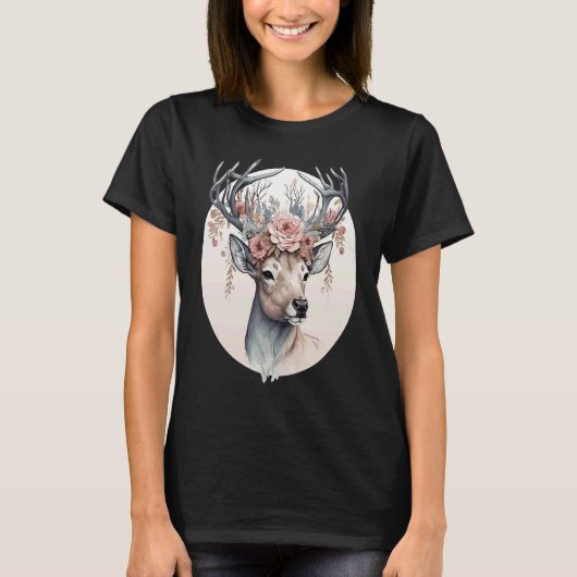 Cute Watercolor Deer Flower Crown Animal T-shirt (Voorkant)