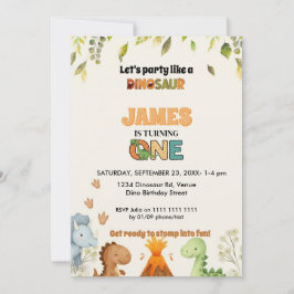 Cute Watercolor Dinosaur 1st Birthday Invitation Kaart