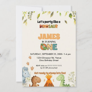 Cute Watercolor Dinosaur 1st Birthday Invitation Kaart