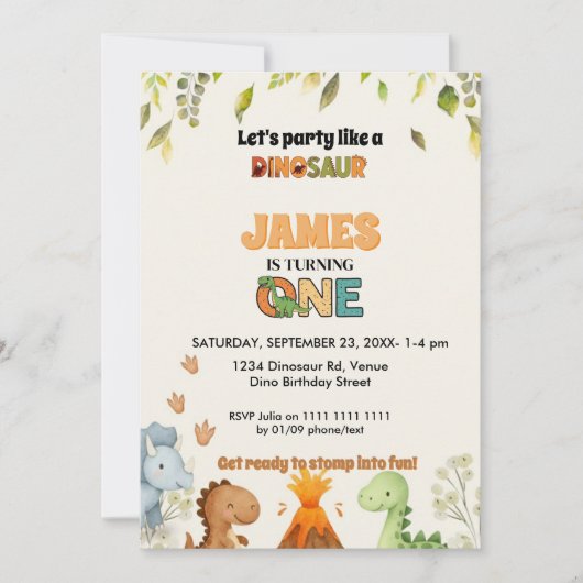 Cute Watercolor Dinosaur 1st Birthday Invitation Kaart (Voorkant)