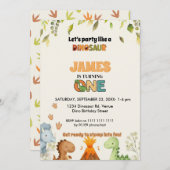 Cute Watercolor Dinosaur 1st Birthday Invitation Kaart (Voorkant / Achterkant)