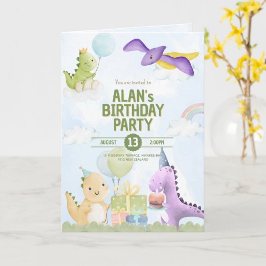 Cute Watercolor Dinosaur Birthday Invitation Kaart (Gele Bloem)