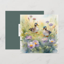 Cute Watercolor Eend en Wilde Bloemen Blank Feestdagenkaart
