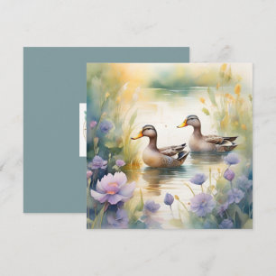 Cute Watercolor Eend Tussen Wilde Bloemen Blank Feestdagenkaart