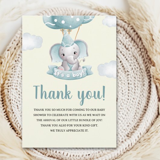 Cute Watercolor Elephant Baby shower Boy Bedankkaart