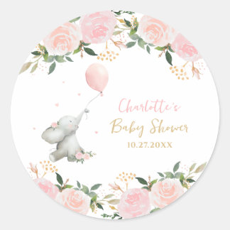 Cute Watercolor Elephant Floral Girl Baby Shower Ronde Sticker