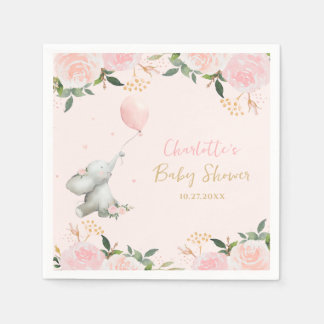 Cute Watercolor Elephant Floral Girl Baby Shower Servet