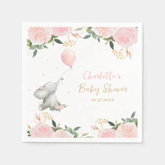 Cute Watercolor Elephant Floral Girl Baby Shower Servet