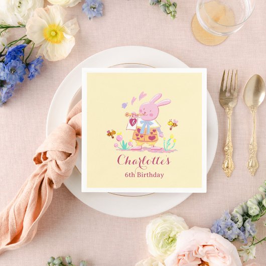 Cute Watercolor Garden Bunny Yellow Kids Birthday Servet