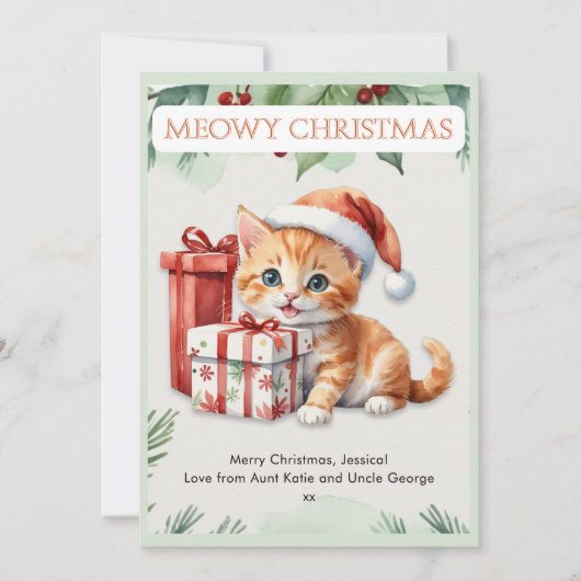 Cute Watercolor Ginger Kitten Custom Christmas Feestdagenkaart (Voorkant)