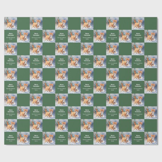 Cute Watercolor Ginger Kitten Green Christmas Cadeaupapier (Vlak)