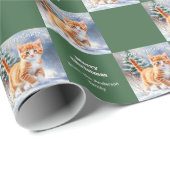 Cute Watercolor Ginger Kitten Green Christmas Cadeaupapier (Rol Hoek)