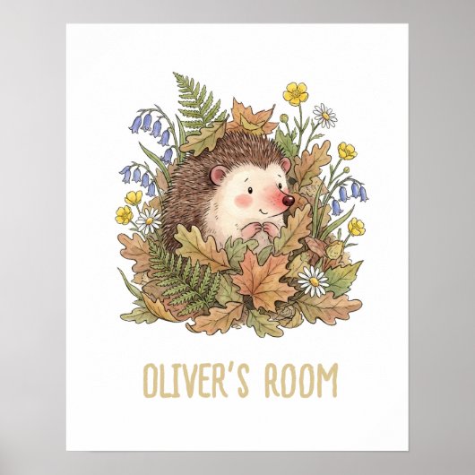 Cute Watercolor Hedgehog & Wildflowers Nursery  Poster (Voorkant)
