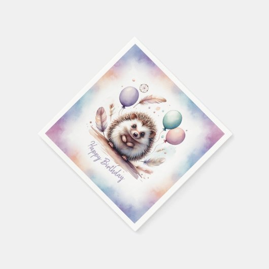 Cute Watercolor Hedgehog with Balloons Birthday  Servet (Hoek)