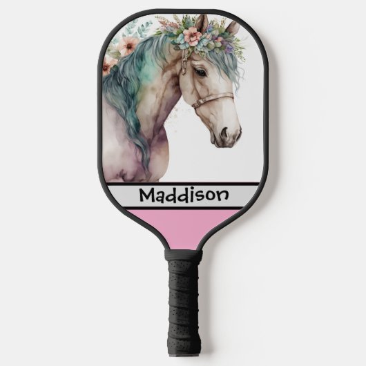 Cute Watercolor Horse Customizable Name  Pickleball Paddle (Voorkant)