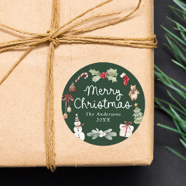 Cute Watercolor Illustrations Green Christmas Ronde Sticker