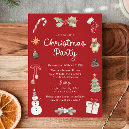 Cute Watercolor Illustrations Red Christmas Party Kaart