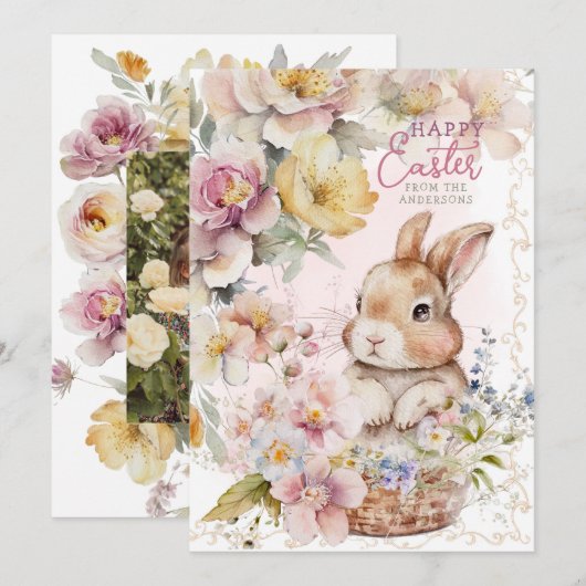Cute Watercolor Konijn | Lente Bloemen | Foto Feestdagenkaart (Voorkant / Achterkant)