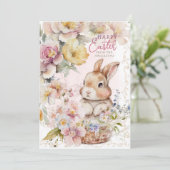 Cute Watercolor Konijn | Lente Bloemen | Foto Feestdagenkaart (Staand voorkant)