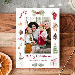 Cute Watercolor Merry Christmas Family Photo Feestdagenkaart