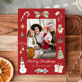 Cute Watercolor Merry Christmas Red Family Photo Feestdagenkaart