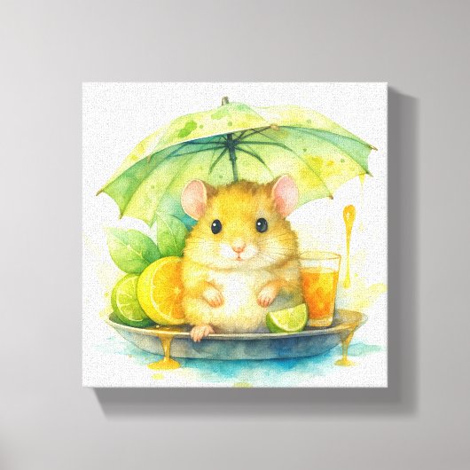 Cute Watercolor Mouse Under Umbrella Canvas Art ! Afdruk (Voorkant)