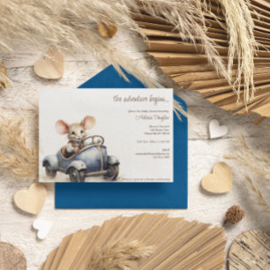 Cute Watercolor Muis in Blauwe Auto Baby Shower Kaart