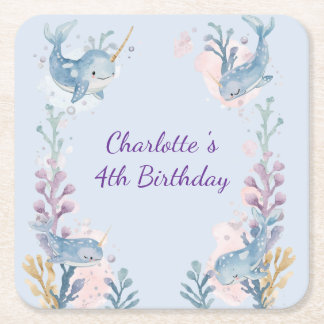 Cute Watercolor Narwhal Whale fish Seamless Sea  Kartonnen Onderzetters