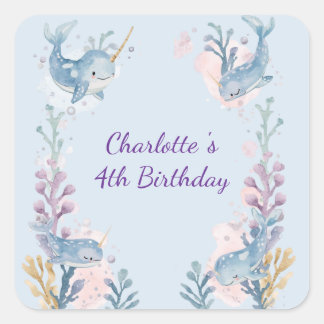 Cute Watercolor Narwhal Whale fish Seamless Sea  Vierkante Sticker