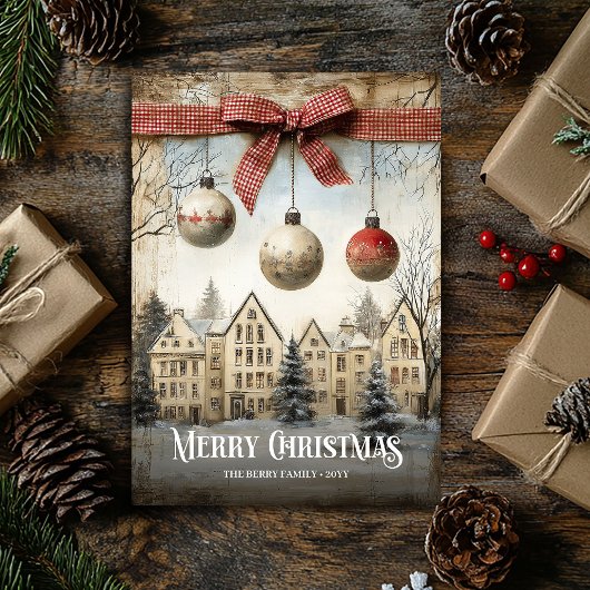 Cute Watercolor Neutral Colors Christmas Scene Feestdagenkaart