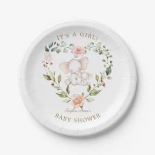 Cute Watercolor Olifant Bloem Meisje Baby Shower Papieren Bordje
