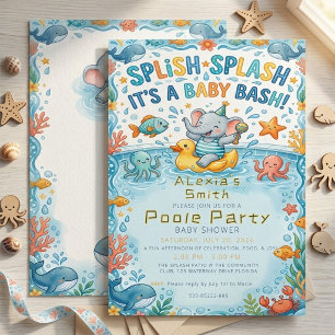 Cute Watercolor Olifant Poolparty Baby Shower Kaart