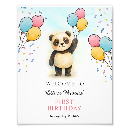 Cute Watercolor Panda 1st Birthday Party Poster (Voorkant)