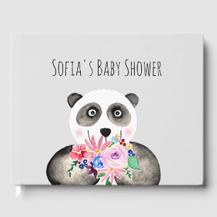 Cute Watercolor Panda Beer en Bloemen Baby Shower Gastenboek