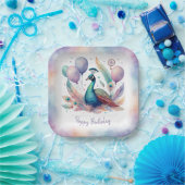 Cute Watercolor Peacock Balloons Birthday  Papieren Bordje (Feest)