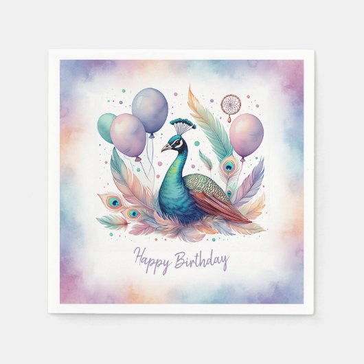 Cute Watercolor Peacock Balloons Birthday Servet (Voorkant)