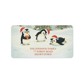 Cute Watercolor Penguins Christmas Forest Etiket